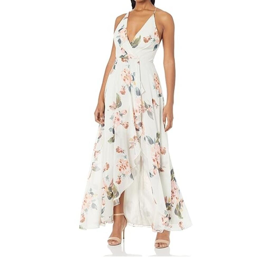 Jenny Yoo Women Farrah Halter Faux Wrap Chiffon floral white Dress Size 0